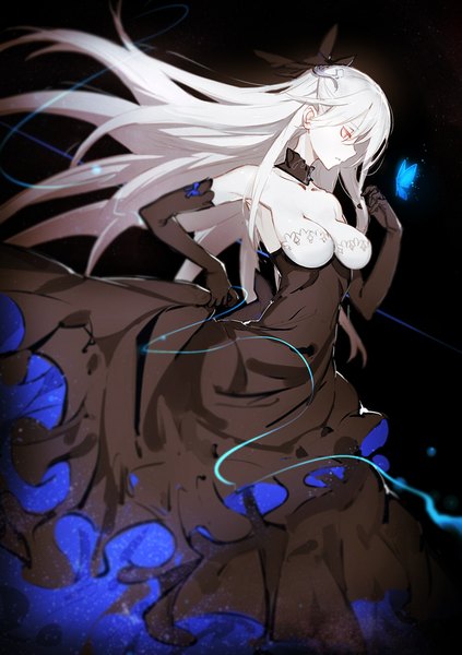 Anime picture 700x993 with original ryuuzaki ichi single long hair tall image breasts light erotic simple background red eyes bare shoulders white hair profile wind glowing black background looking down glowing eye (eyes) half updo white skin albino