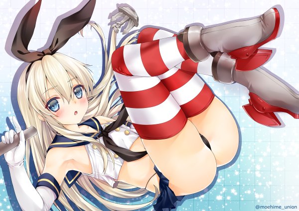 Anime picture 1200x848 with kantai collection shimakaze destroyer obiwan single long hair looking at viewer blush open mouth blue eyes light erotic blonde hair legs girl thighhighs skirt gloves underwear panties bow hair bow