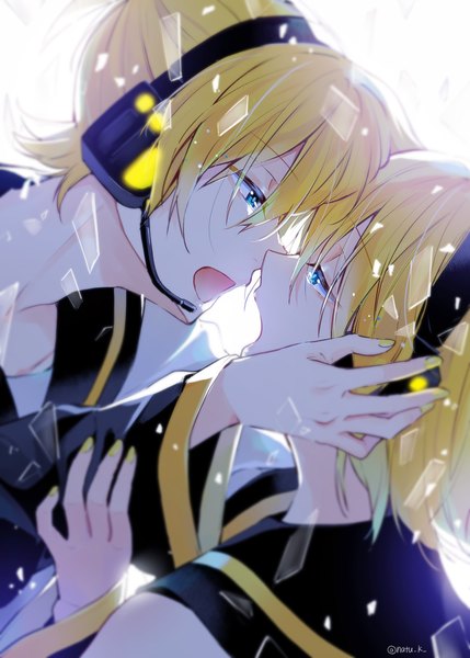 Anime picture 858x1200 with vocaloid kagamine rin kagamine len hazuki natsu tall image short hair open mouth blue eyes blonde hair signed nail polish profile twitter username face to face siblings twins sailor collar singing brother and sister yellow nail polish
