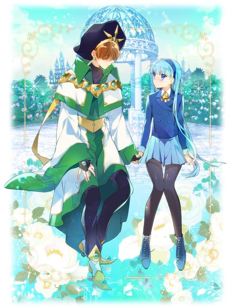 Anime picture 1500x2016 with magic knight rayearth clamp ryuuzaki umi ascot (magic knight rayearth) iyutani long hair tall image blush fringe short hair blue eyes brown hair sitting green eyes blue hair sky full body outdoors profile pleated skirt