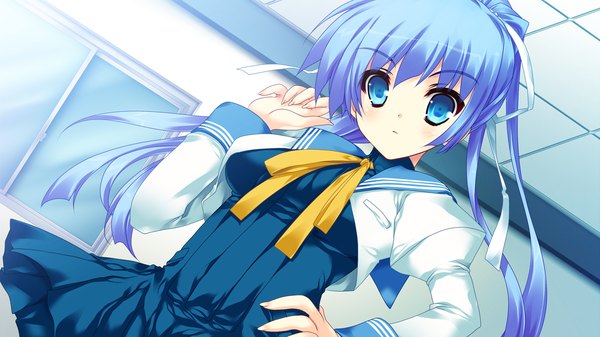 Anime picture 1280x720 with blades heart (game) long hair blue eyes wide image blue hair game cg ponytail girl serafuku