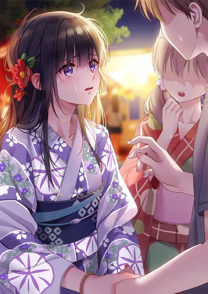 Anime picture 870x1230 with original unjem long hair tall image blush fringe short hair open mouth black hair hair between eyes brown hair standing purple eyes multiple girls looking away outdoors traditional clothes japanese clothes hair flower night
