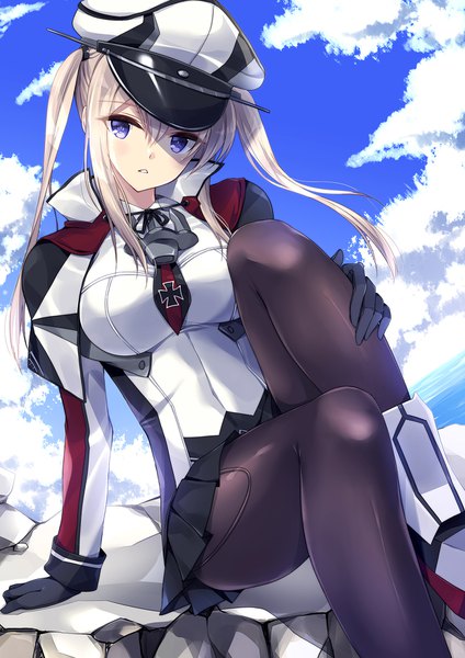 Anime-Bild 1240x1754 mit kantai collection graf zeppelin (kantai collection) kobayashi chisato single long hair tall image looking at viewer fringe breasts blue eyes hair between eyes large breasts sitting twintails payot sky silver hair cloud (clouds) bent knee (knees) outdoors