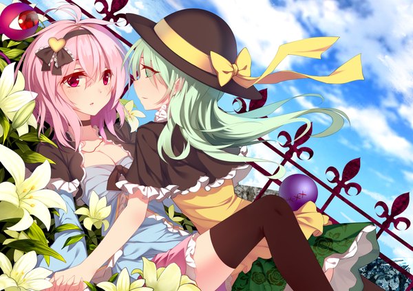 Anime picture 2000x1414 with touhou komeiji koishi komeiji satori suisai long hair highres short hair purple eyes multiple girls green eyes pink hair sky cloud (clouds) green hair shoujo ai girl thighhighs dress flower (flowers) bow