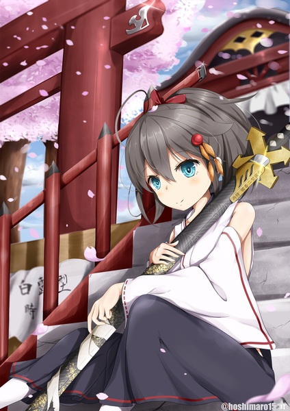 Anime picture 1414x2000 with kantai collection shigure destroyer hoshimiya mashiro single tall image looking at viewer short hair blue eyes black hair hair between eyes ponytail cherry blossoms remodel (kantai collection) girl weapon plant (plants) detached sleeves petals sword tree (trees)