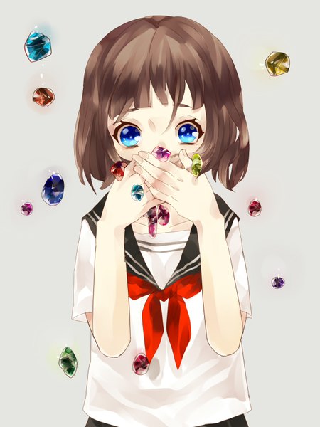Anime picture 1200x1600 with original foolba single tall image looking at viewer short hair blue eyes brown hair hand on face girl serafuku crystal