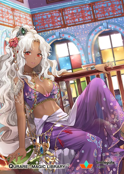Anime picture 700x984 with qurare: magic library ice (ice aptx) single long hair tall image looking at viewer breasts light erotic red eyes sitting holding white hair indoors traditional clothes light smile lips arm support bare belly wavy hair girl