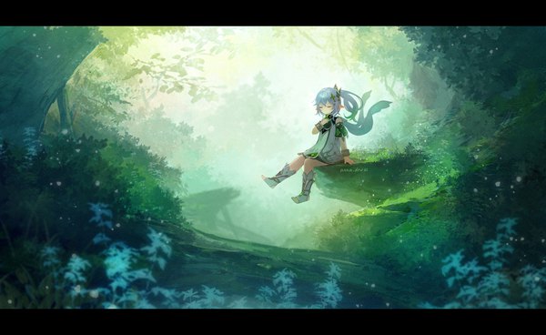 Anime picture 4538x2782 with genshin impact nahida (genshin impact) anna (drw01) single long hair fringe highres wide image sitting signed absurdres silver hair full body outdoors eyes closed pointy ears side ponytail letterboxed nature girl