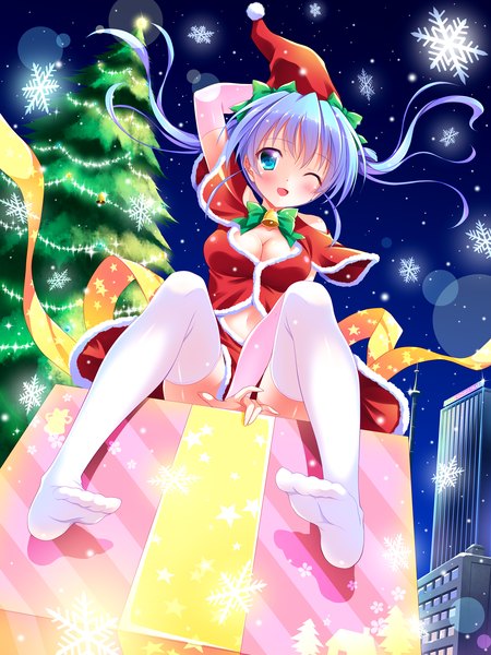 Anime picture 1350x1800 with original bashen chenyue single long hair tall image blush open mouth blue eyes twintails blue hair one eye closed wind wink snowing christmas winter soles adjusting hat girl thighhighs