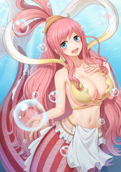 Anime picture 1240x1754 with one piece toei animation shirahoshi anarchojs single long hair tall image looking at viewer blush fringe breasts open mouth blue eyes light erotic smile large breasts bare shoulders payot pink hair cleavage