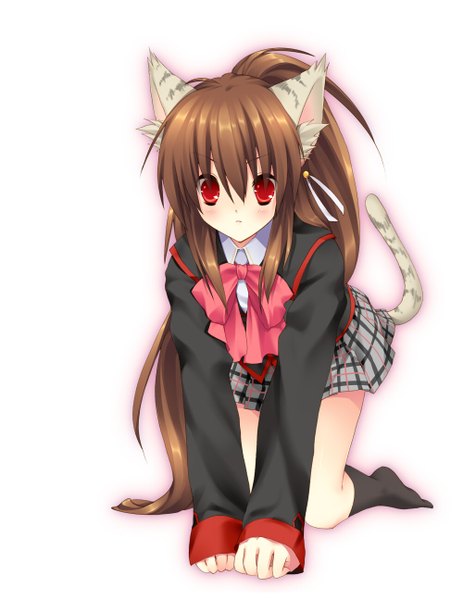 Anime picture 1000x1295 with little busters! key (studio) natsume rin tokira nozumi single long hair tall image blush red eyes brown hair animal ears ponytail cat ears cat girl cat tail girl uniform school uniform socks black socks