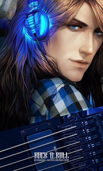 Anime picture 603x1000 with valentina remenar single tall image short hair blue eyes brown hair looking back inscription glowing close-up face plaid boy headphones