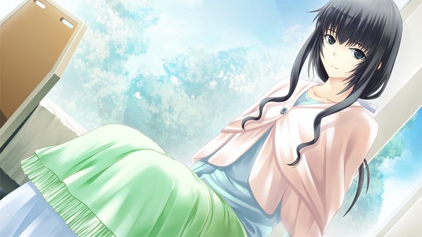 Anime picture 1024x576 with tokyo babel single long hair blue eyes black hair wide image sitting game cg girl