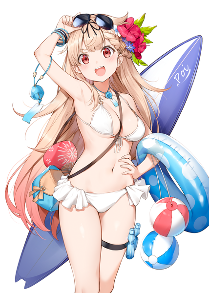 Anime picture 1786x2505 with kantai collection yuudachi destroyer nyum single long hair tall image looking at viewer blush fringe highres breasts open mouth light erotic simple background blonde hair smile red eyes standing white background holding