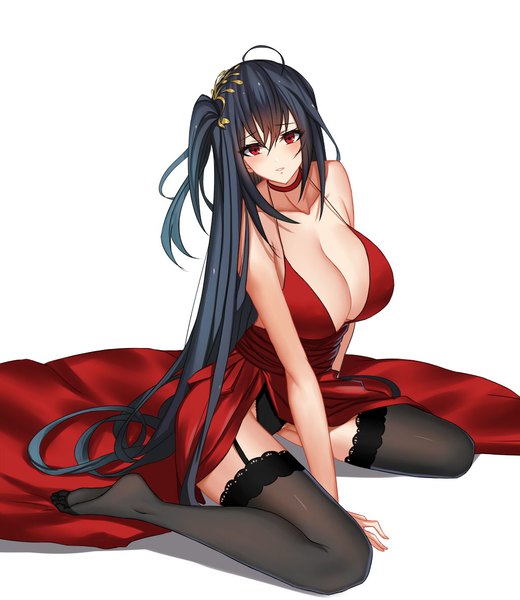 Anime picture 1023x1181 with azur lane taihou (azur lane) taihou (forbidden feast) (azur lane) roi (liu tian) single long hair tall image looking at viewer blush fringe breasts light erotic black hair simple background hair between eyes red eyes large breasts white background sitting bare shoulders