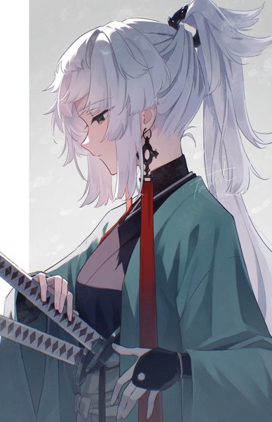 Anime picture 1284x1988 with fate (series) fate/samurai remnant yui shousetsu (fate) fomnant single long hair tall image silver hair upper body ponytail profile black eyes looking down ready to draw girl weapon earrings sword katana