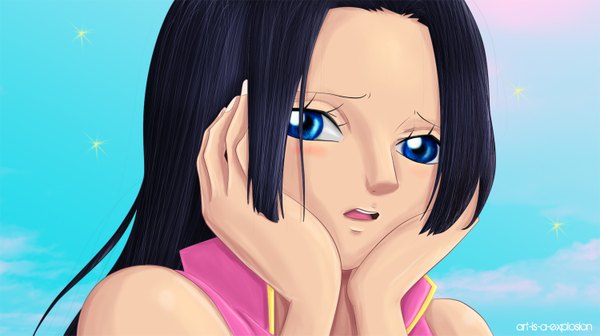 Anime picture 1500x841 with one piece toei animation boa hancock art-is-a-explosion single long hair blush open mouth blue eyes black hair wide image signed sky cloud (clouds) coloring portrait close-up face girl