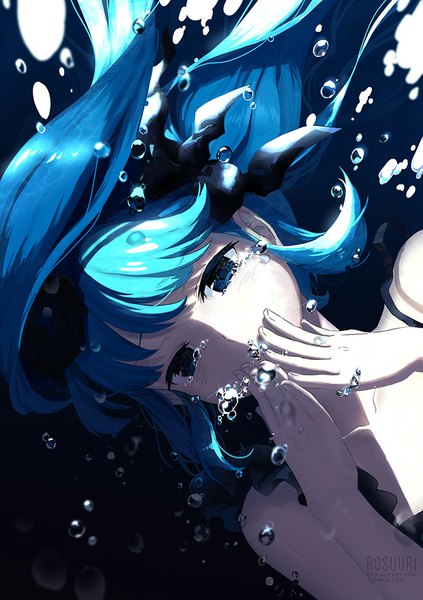 Anime picture 700x993 with vocaloid shinkai shoujo (vocaloid) hatsune miku rosuuri single long hair tall image blush blue eyes twintails signed blue hair underwater girl dress bow hair bow black dress bubble (bubbles)