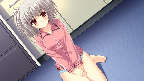 Anime picture 1280x720 with world wide love! (game) kona nako blush short hair red eyes wide image game cg grey hair loli girl