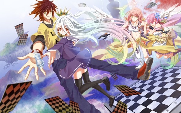 Anime picture 1654x1035 with no game no life madhouse shiro (no game no life) jibril (no game no life) stephanie dora sora (no game no life) cross akiha long hair short hair open mouth light erotic hair between eyes red eyes brown hair multiple girls yellow eyes pink hair white hair girl thighhighs