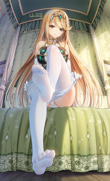 Anime picture 607x1000 with xenoblade xenoblade 2 mythra (xenoblade) haneru single long hair tall image looking at viewer blush fringe breasts light erotic blonde hair smile hair between eyes sitting bare shoulders signed yellow eyes full body