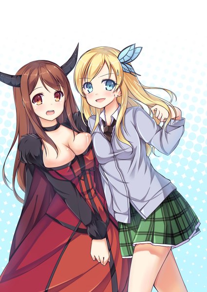 Anime picture 1253x1770 with boku wa tomodachi ga sukunai maoyuu maou yuusha arms corporation kashiwazaki sena maou (maoyuu) amemiya ruki long hair tall image blush breasts open mouth blue eyes light erotic blonde hair brown hair large breasts multiple girls brown eyes looking away cleavage