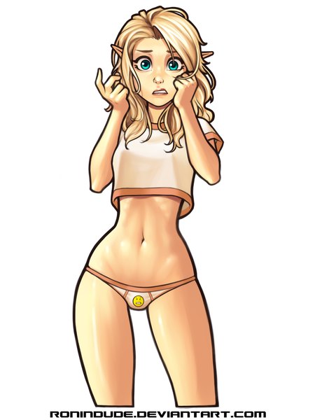 Anime picture 1024x1365 with original ronin dude (ray cornwell) single long hair tall image looking at viewer blue eyes light erotic simple background blonde hair white background pointy ears bare belly elf girl navel underwear panties t-shirt orange panties