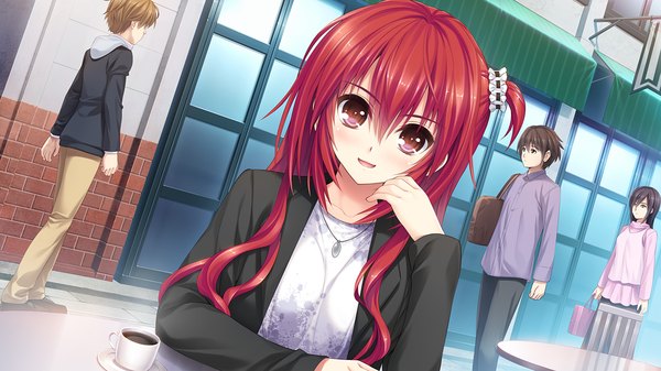 Anime picture 1280x720 with semiramis no tenbin kamio ami long hair looking at viewer blush open mouth red eyes wide image sitting game cg red hair girl pendant