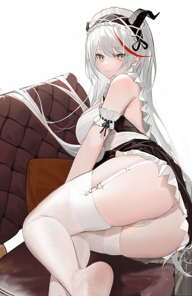 Anime picture 3217x4961 with azur lane aegir (azur lane) aegir (iron blood's dragon maid) (azur lane) shenqi de (9) single long hair tall image looking at viewer fringe highres breasts light erotic simple background hair between eyes large breasts yellow eyes absurdres silver hair bent knee (knees) ass