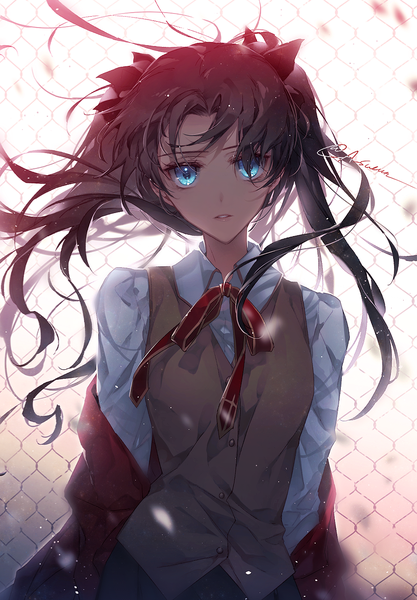 Anime picture 925x1329 with fate (series) fate/stay night toosaka rin sueun single long hair tall image looking at viewer fringe blue eyes brown hair signed upper body parted lips wind blurry off shoulder two side up depth of field twitter username