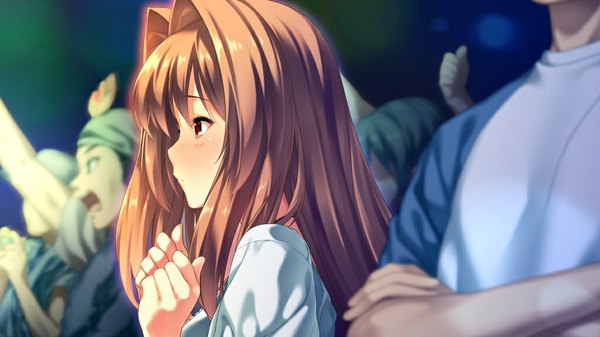 Anime picture 1024x576 with d-eve in you akatsuki shion long hair blush brown hair wide image brown eyes game cg girl
