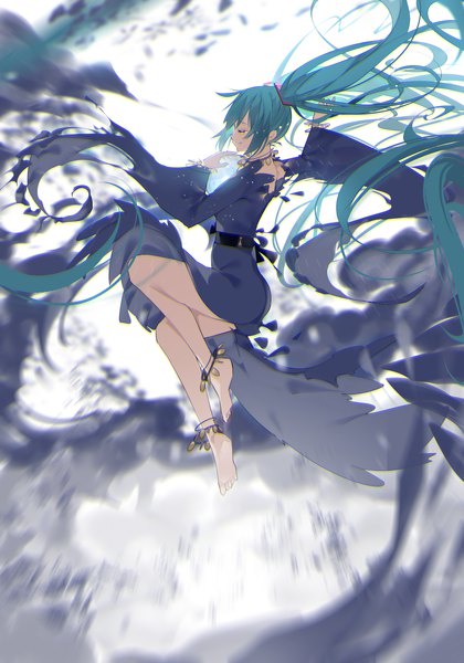 Anime picture 2066x2952 with vocaloid hatsune miku ajahweea single long hair tall image highres smile bent knee (knees) eyes closed long sleeves barefoot wind blurry aqua hair wide sleeves bare legs tears torn clothes low twintails