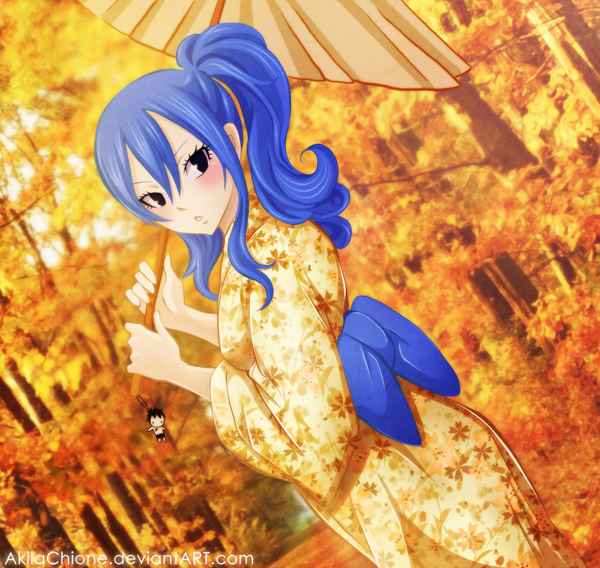 Anime picture 1600x1517 with fairy tail juvia lockser akilachione single long hair blush blue hair ponytail japanese clothes black eyes coloring autumn girl bow plant (plants) tree (trees) kimono umbrella