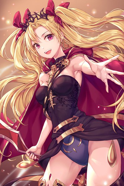 Anime picture 1240x1864 with fate (series) fate/grand order ereshkigal (fate) r o ha single long hair tall image looking at viewer blush fringe breasts open mouth light erotic blonde hair holding :d pink eyes wind armpit (armpits) two side up