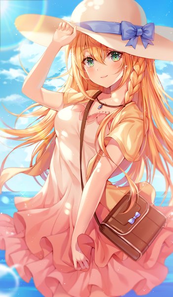Anime picture 2531x4322 with princess connect! re:dive princess connect! pecorine (princess connect!) pecorine (real) (princess connect!) ttosom single long hair tall image looking at viewer blush fringe highres breasts blonde hair smile hair between eyes standing green eyes payot sky