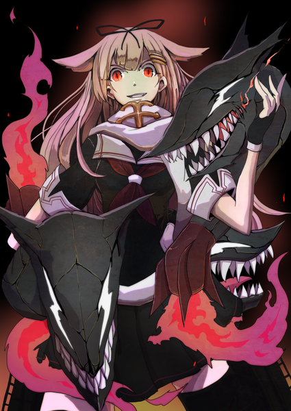 Anime picture 922x1302 with kantai collection yuudachi destroyer boushi-ya single long hair tall image looking at viewer breasts blonde hair red eyes standing remodel (kantai collection) crazy smile girl gloves uniform weapon serafuku fingerless gloves monster