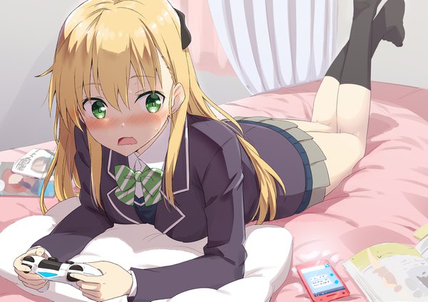 Anime picture 1351x955 with gamers! pine jam tendou karen gotyou single long hair blush fringe open mouth blonde hair hair between eyes green eyes looking away indoors lying long sleeves pleated skirt embarrassed on stomach girl