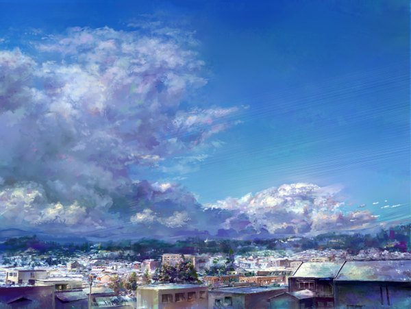 Anime picture 1370x1030 with original he (artist) sky cloud (clouds) city landscape plant (plants) tree (trees) house