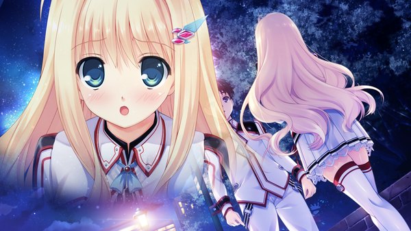 Anime picture 1280x720 with hoshi no ne sanctuary serina malgrid octavius naruse hirofumi long hair looking at viewer blush open mouth blue eyes blonde hair wide image game cg night night sky girl thighhighs boy skirt uniform shirt white thighhighs