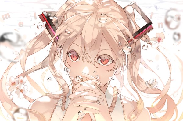 Anime picture 800x533 with vocaloid hatsune miku sakura miku pig ggul single long hair fringe hair between eyes red eyes white background twintails pink hair hands clasped interlocked fingers girl flower (flowers) frills bubble (bubbles)