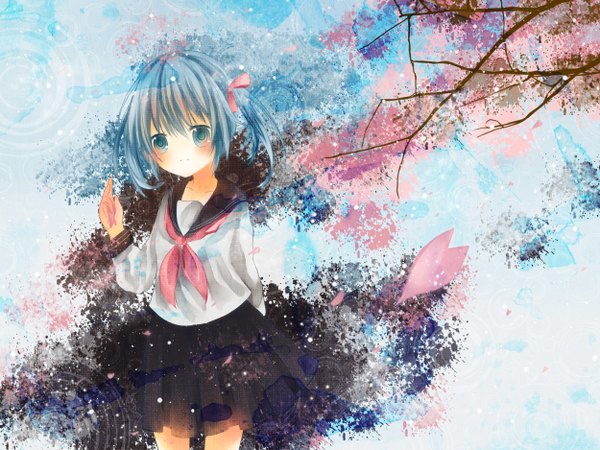 Anime picture 2500x1875 with vocaloid hatsune miku hinanosuke blush highres short hair twintails aqua eyes aqua hair cherry blossoms girl skirt miniskirt shirt petals serafuku