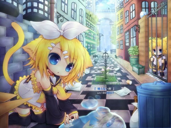 Anime picture 1024x768 with vocaloid kagamine rin kagamine len kabocha usagi short hair blue eyes blonde hair bare shoulders animal ears animal tail inscription city reflection on all fours chibi girl boy skirt hair ornament plant (plants)