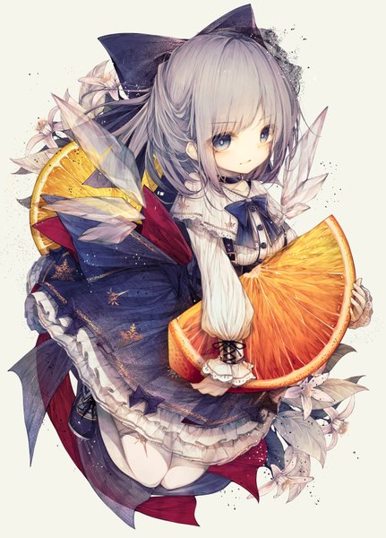 Anime picture 2607x3630 with touhou cirno hito komoru single tall image looking at viewer fringe highres short hair blue eyes white background holding payot full body bent knee (knees) long sleeves grey hair puffy sleeves half updo frilled dress