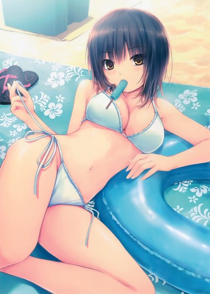 Anime picture 4634x6503 with original aoyama sumika coffee-kizoku single tall image looking at viewer blush highres short hair breasts light erotic black hair holding brown eyes absurdres cleavage lying scan mouth hold on side