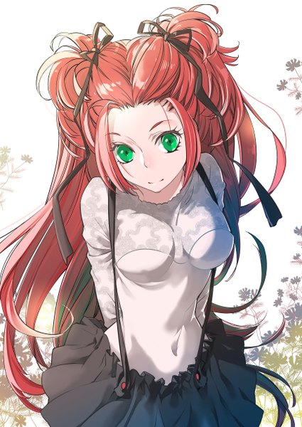Anime picture 860x1214 with original silversnow single long hair tall image breasts green eyes red hair from above light smile two side up hands behind back girl skirt navel ribbon (ribbons) hair ribbon blouse suspenders