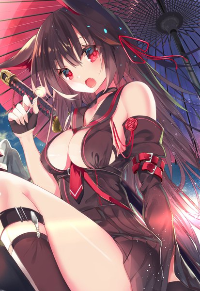 Anime picture 2583x3746 with original asaki yukiko nekoboshi sakko single long hair tall image looking at viewer blush fringe highres breasts open mouth light erotic black hair hair between eyes red eyes large breasts sitting holding animal ears