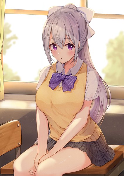 Anime picture 1448x2048 with virtual youtuber nijisanji higuchi kaede racchi. single long hair tall image looking at viewer blush fringe breasts hair between eyes large breasts sitting purple eyes payot silver hair ponytail pleated skirt blurry