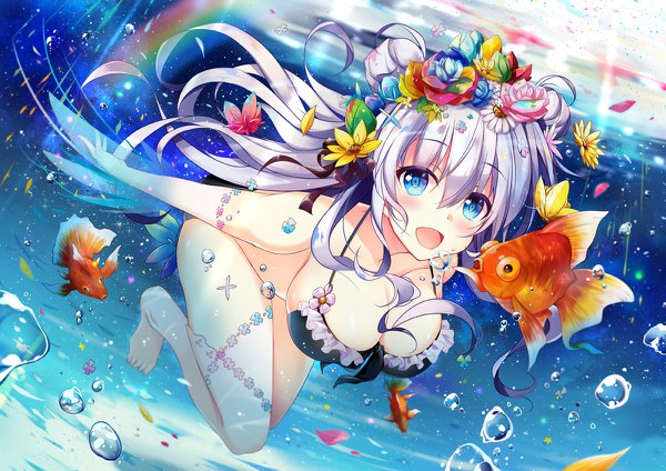 Anime picture 1200x848 with original hirai yuzuki single long hair blush fringe breasts open mouth blue eyes light erotic smile hair between eyes large breasts white hair legs happy underwater girl swimsuit animal