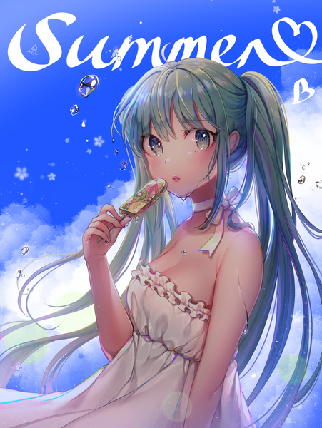 Anime picture 1000x1330 with vocaloid hatsune miku ozzingo single long hair tall image looking at viewer blush fringe breasts open mouth hair between eyes standing twintails bare shoulders holding payot sky cleavage cloud (clouds)