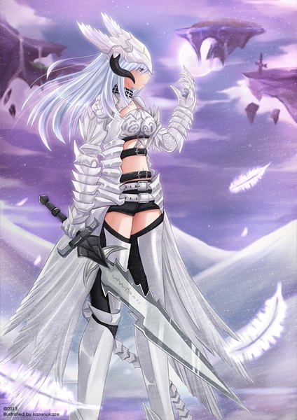 Anime picture 1000x1414 with original kazenokaze single long hair tall image light erotic purple eyes silver hair cloud (clouds) profile horn (horns) night sky head wings girl weapon sword armor star (stars) feather (feathers) full moon